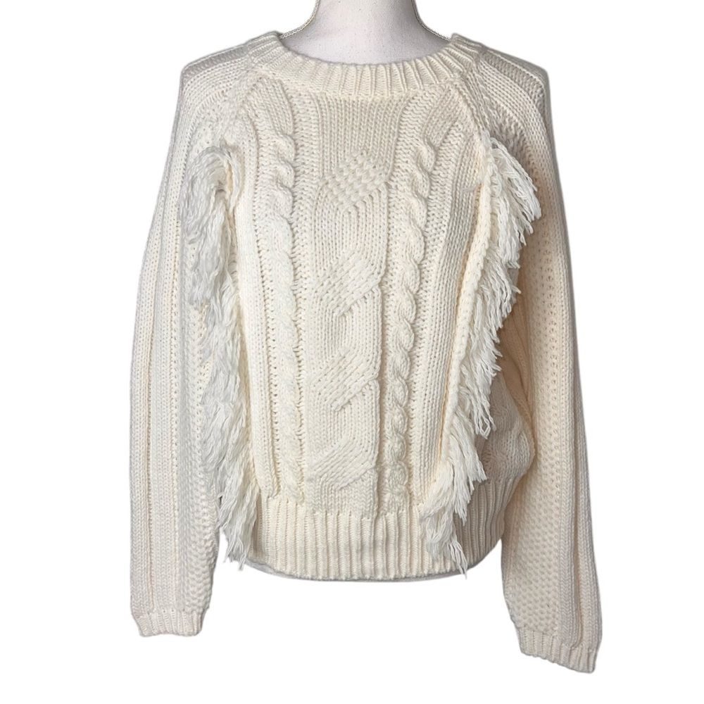 New Elsamanda Fringed Cable Knit Sweater Large Italy Off White Wool Alpaca